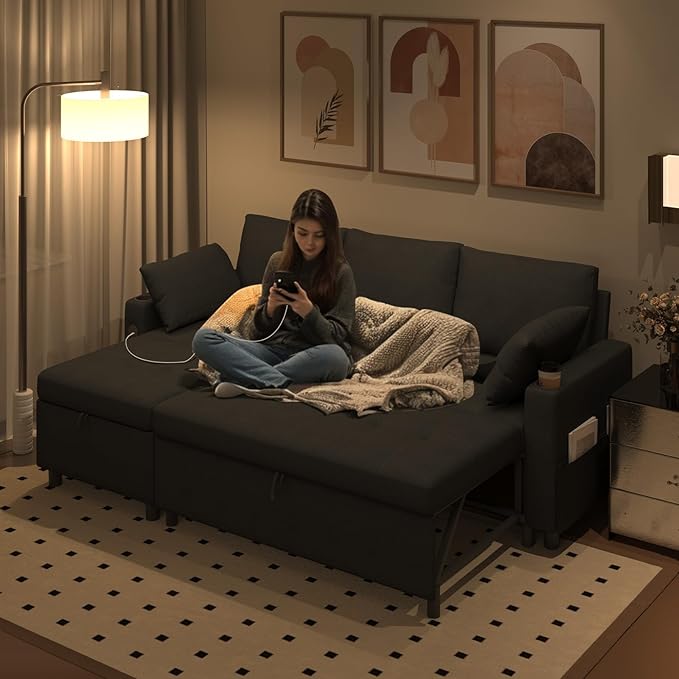 Sleeper Sofa Couch with Pullout Bed 83.5'' L Shaped Convertible Sofa Bed Couches for Living Room Small Apartment Pull Out Couch with USB Storage Chaise Cup Holder Linen Fabric Black