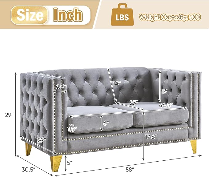 58-Inch Velvet Loveseat Sofa Comfy Couch for Living Room Modern Sofa with Tufted Back and Rivet Decoration Upholstered Small Love Seat with Solid Golden Metal Tapered Legs Grey