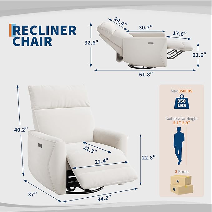 GarveeHome Power Recliner Chair 270° Swivel Glider with USB Charging Port Large PU Leather Seat Wide 22.4 Ergonomic High Back for Living Room Nursery (Beige)