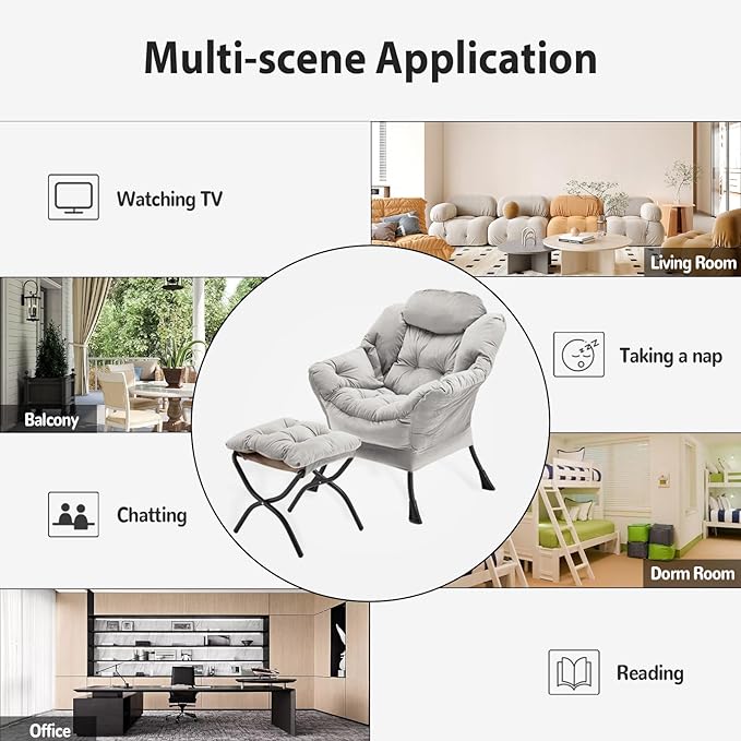 Lazy Chair with Folding Ottoman Accent Chair Velvet Upholstered with Metal Structure and Non-Slip Pads Sofa Armchair with Footrest and Side Storage Bag for Dorm Room Office Light Gray