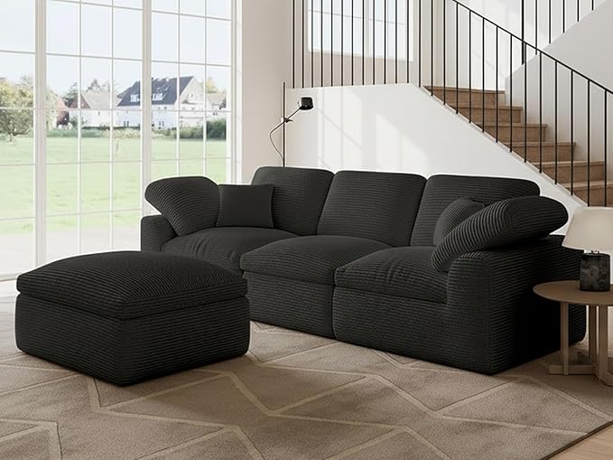 Cloud Sectional Couches for Living Room 4 Seater Cloud Modular Couch L Shaped Corduroy Sectional Sofas with Ottoman Boneless Comfy Sofa for Apartment No-Assembly Grey