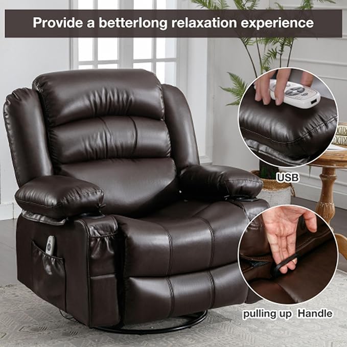 Electric Recliner Chairs for Adults Massage Recliner Chair with Heat 360 Swivel Recliners Chair for Living Room with 2 Cup Holders &amp USB Charge Port Rocking Function and Side Pocket (Brown)