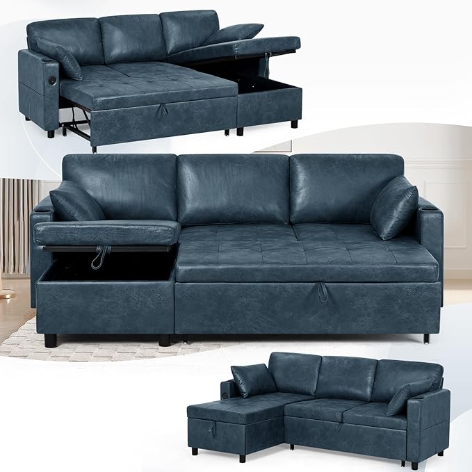 84 L-Shape Pull Out Sofa Bed with Adjustable Backrest Upholstered Sectional Sleeper Sofa with Storage Chaise Suede Leather Reversible Couch Bed with USB Port for Living Room House Blue