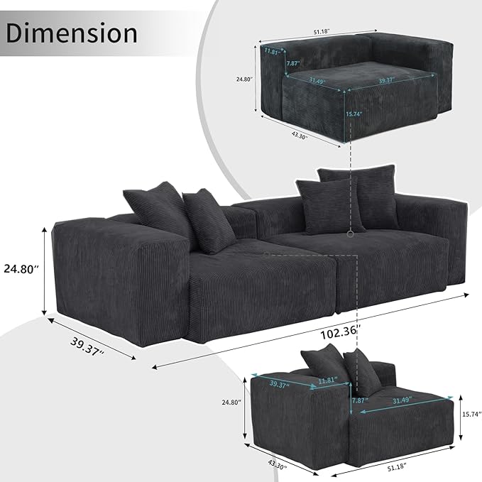 Sectional Couches for Living Room102inch Cloud Couch Modular Sectional SofaModern Corduroy Couch Love SeatCushion Covers Removable&amp Washable (Black)