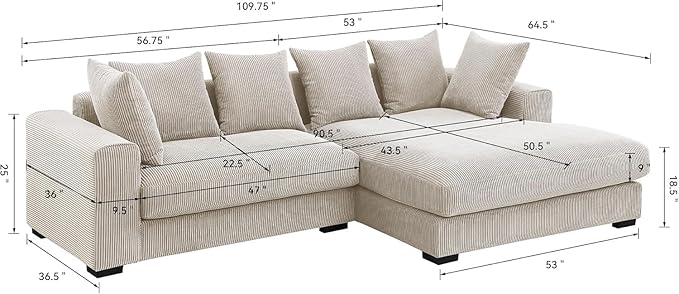 WILLIAMSPACE 109.75 Corduroy Sectional Sofa Couch for Living Room Modern Upholstered L-Shaped Sofa with Right-Facing Chaise Lounge Contemporary 4-Seat Couch with 6 Pillows (Beige)