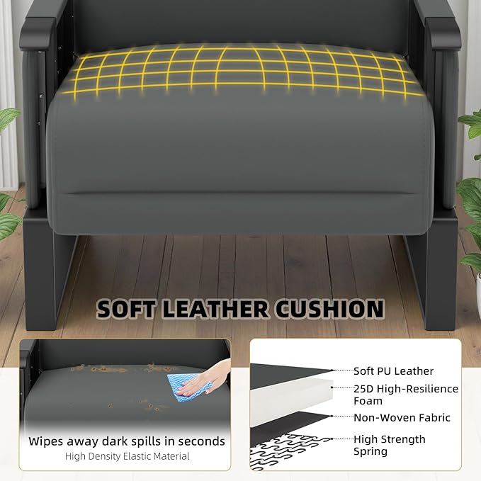 Faux Leather Accent Chair with Flip Up Tray Table Soft Backrest Side Pocket for Living Room Office Bedroom Leather Accent Chair Gray