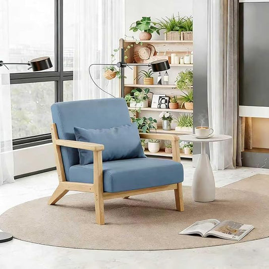 Solid Wood Accent Chair Mid-Century Modern Lounge Armchairs Fabric Upholstered Soft Comfy Living Room Chairs with Armrest Waist Cushion Pillow for Office Reading Waiting Room (Blue)