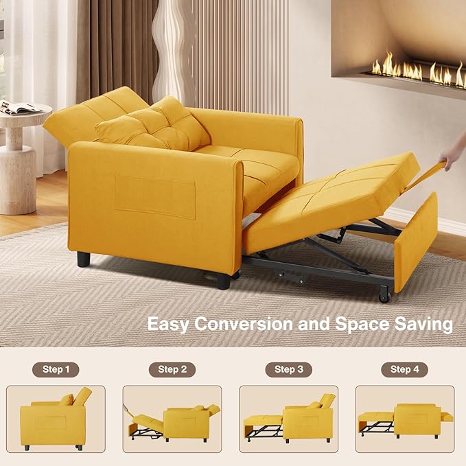 Aiho Convertible Sleeper Sofa Chair Bed 3-in-1 Adjustable with Pillow &amp Pocket - Multi-Functional in Modern Linen Fabric for Apartment Yellow