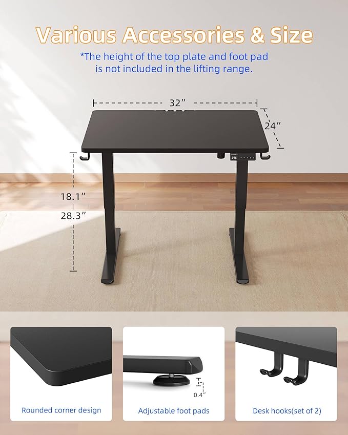 YIHAYO One-Piece Low Height Adjustable Desk Lifts 18.1-28.3 Inches Electric Standing Desk for Short People 32 x 24 Inches Computer Table with Splice Board for Home Office Black