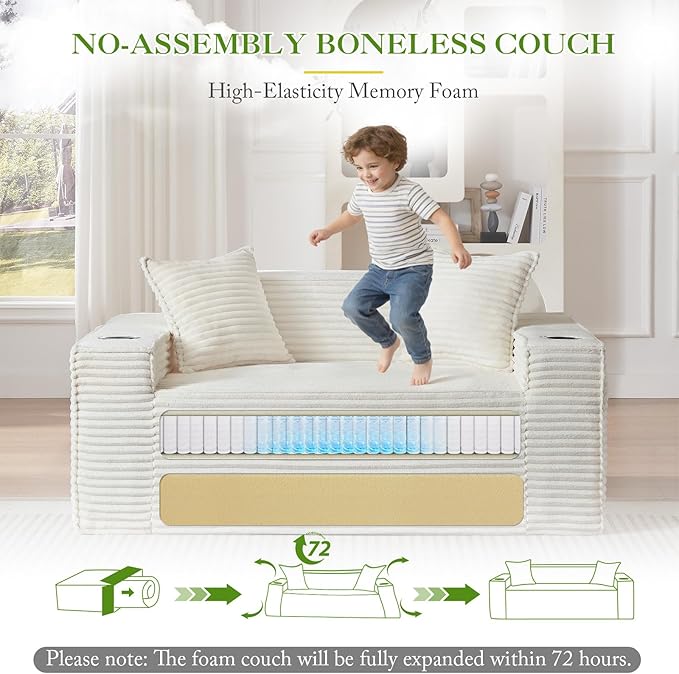 Boneless Corduroy Loveseat Sofa 61-Inch Small Comfy Cloud Deep Seat Couch with Cup Holder Modern Couch for Living Room Bedroom No Assembly White
