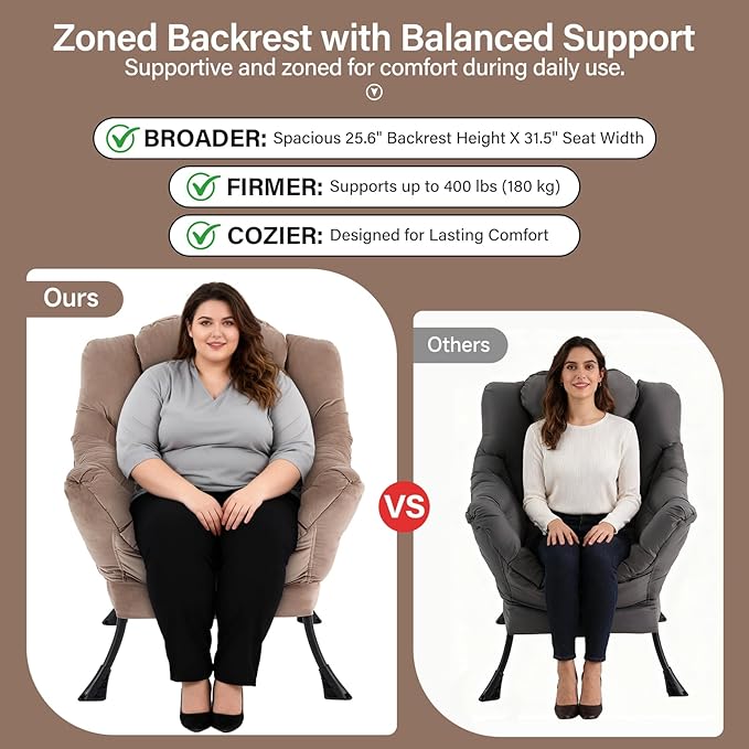 Lazy Chair with Ottoman Modern Accent Chair with Lumbar Pillow Velvet Khaki Sofa Armchairs with Folding Footrest Oversized Supportive Chairs for Bedroom Reading