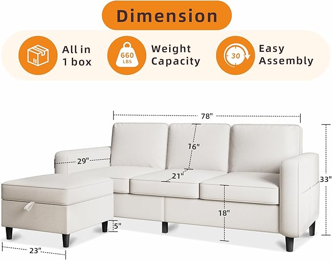 Sectional Sofa and Couches for Living Room - 78'' Beige 3 Seat L-Shaped Couch with Storage Ottoman Modern Linen Convertible Sectionals Sofas with Chaise for Apartment Office Small Space