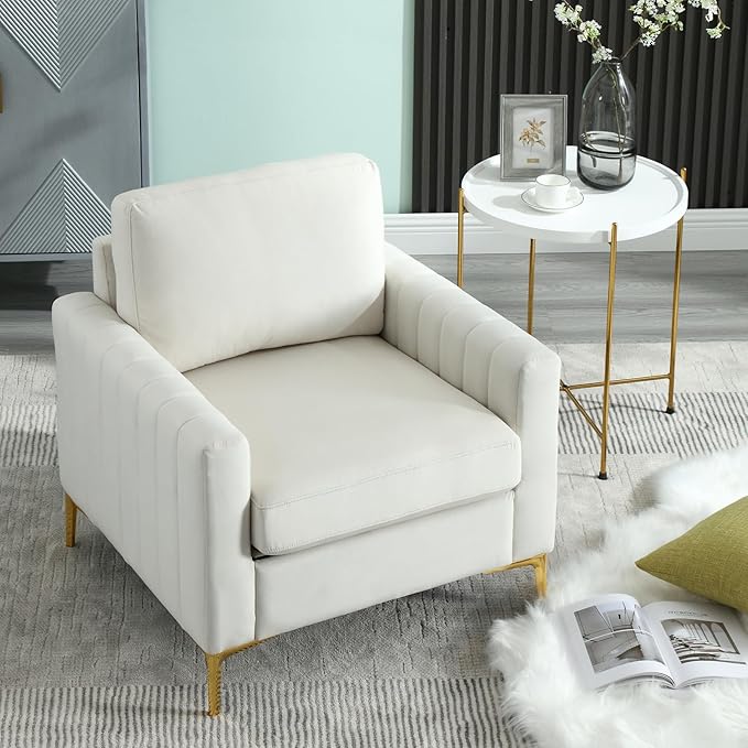 Tufted Velvet Accent Chair with Gold Legs Mid-Century Modern Single Sofa Chair Comfy Upholstered Soft Arm Chair Living Room Furniture Reading Bedroom Club Waiting Room (Beige)