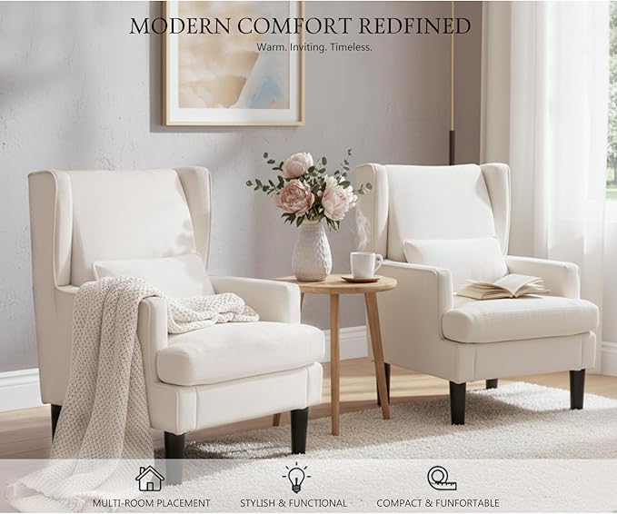 Accent Chairs Set of 2 for Living Room Chairs Modern Accent Chair Oversized Reading Chair for Living Room Sofa Chair with High Back and Wood Legs Upholstered Armchair Comfy Chair for Bedroom (Beige)