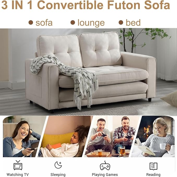 Futon Sofa Bed Convertible Folding Chaise Lounge for Compact Living Studio Bedroom Offices Dorm - Adjustable Pull Out Breathable Small Loveseat (Off White)