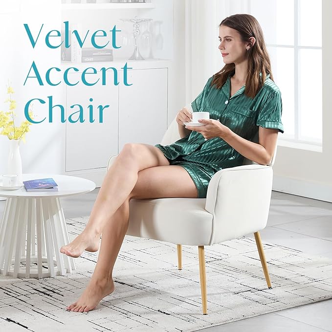 Velvet Accent Chair Modern Upholstered Single Living Room Chairs with Tufted Back Cozy Sofa Side Armchair with Metal Legs for Bedroom/Office/Reading Room Beige
