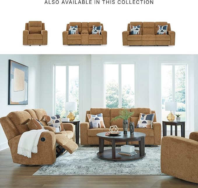 Signature Design by Ashley Kanlow Contemporary Manual Reclining Sofa with 2 Accent Pillows Light Brown