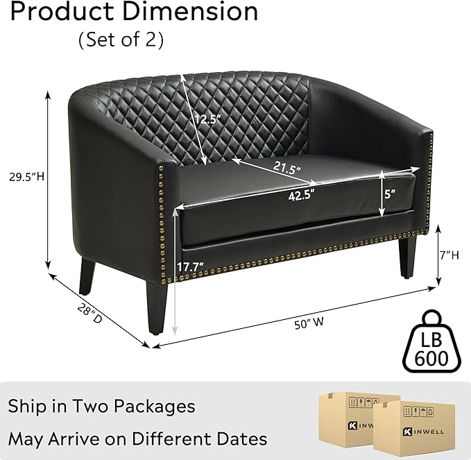 50 Faux Leather Small Barrel Love Seats Set of 2 Diamond Tufted Back Compact Loveseats Sofas with Nailhead Trim Modern 2-Seater Couches with Solid Wood Legs for Small Spaces Apartments Black