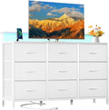 DUMOS TV Stand Dresser with 9 Fabric Drawers and Open Shelves Entertainment Center with LED Lights Charging Station for Bedroom Wood Top Media Console for 45-55 inch TV Stand with Storage White