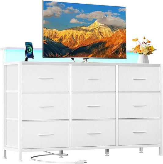 DUMOS TV Stand Dresser with 9 Fabric Drawers and Open Shelves Entertainment Center with LED Lights Charging Station for Bedroom Wood Top Media Console for 45-55 inch TV Stand with Storage White