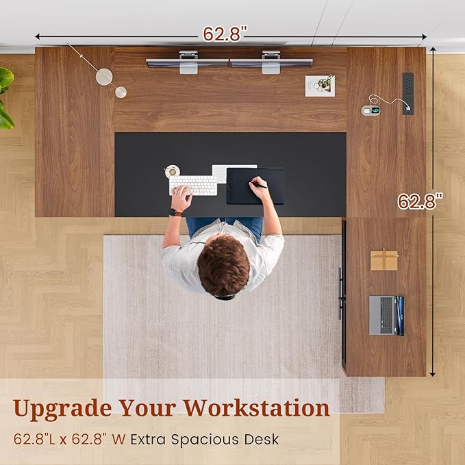 63 Executive Desk with Mobile File Cabinet Large Office Desk with Drawer Modern L Shaped Desk with Power Outlets Storage Shelves Corner Computer Desk Business Workstation Set (Walnut)