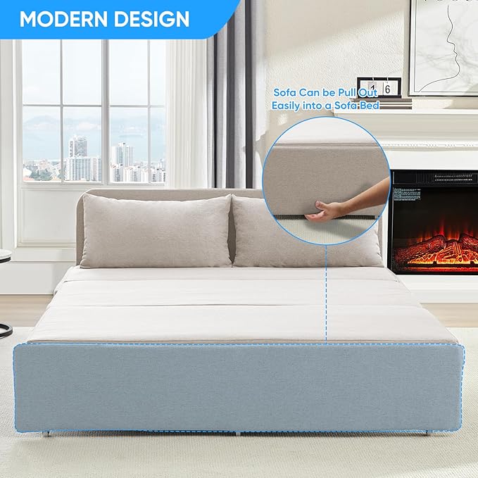 Mjkone 62 Width Pull Out Sleeper Sofa Bed Queen Size 2-in-1 Modern Convertible Linen Sofa Sleeper Pull Out Couch Bed with Cushions &amp Throw Pillows for Living Room Home Office Small Place Beige