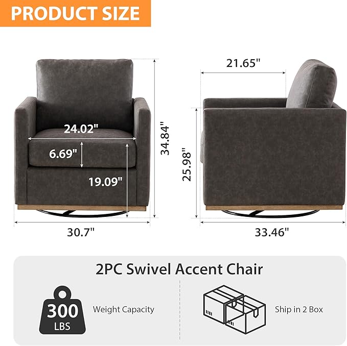 Chifee &amp Vingol 30.7 W Swivel Accent Chair for Living Room PU Leather Swivel Armchair Mid Century Modern Chair Set of 2Gray
