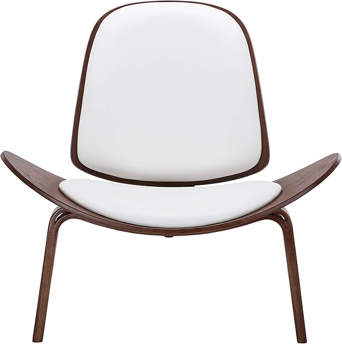 Belleze Mid-Century Modern Shell Side Accent Tripod Plywood Lounge Chair Walnut Upholstered Faux Leather White
