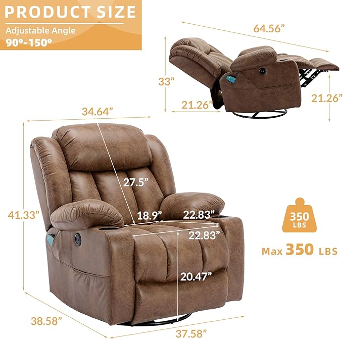 360° Swivel Glider Rocking Recliner Chair Overstuffed Manual Massage Recliner with Heat and Vibration Single Modern Sofa Home Theater Seating for Living Room USB Ports/Cup Holders (Brown)
