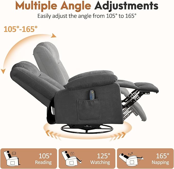 Rocker Recliner Chair for Adults 360° Swivel Rocker Recliner with Massage and Heating Nursery Rocking Chairs with Side Pockets Manual Reclining Chair for Living Room Bedroom or Nursery