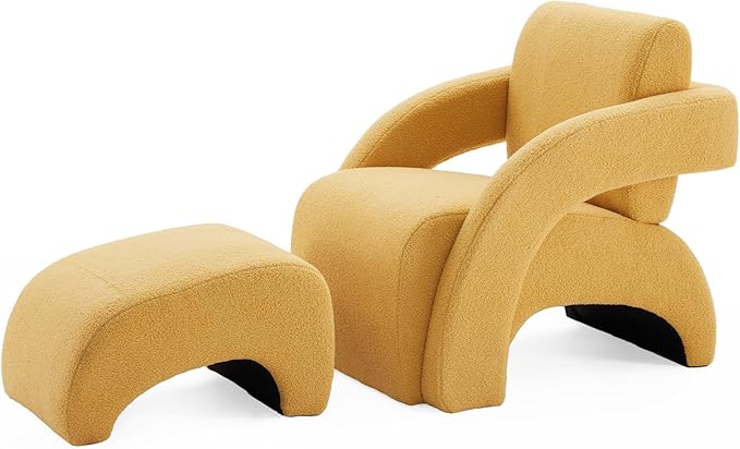 Soohow Upholstered Armchair with Ottoman – Plush Bouclé Fabric Curved Seat &amp Sled-Base Lounge Chair for Living Room Bedroom Study