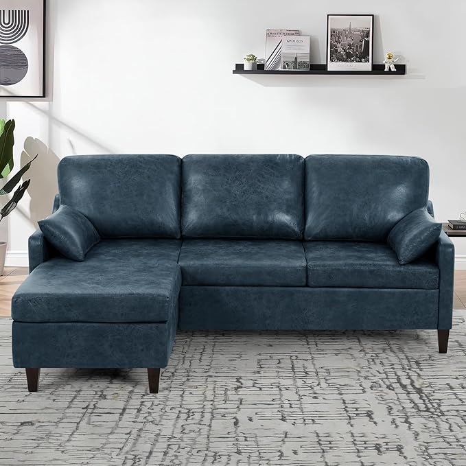 76 Sectional Sofa Couch w/Reversible Chaise Suede Leather L Shaped Sofa w/USB Charger Ports &amp Storage Bag Convertible Modern Couch w/Storage Space for Living Room Small Space Blue