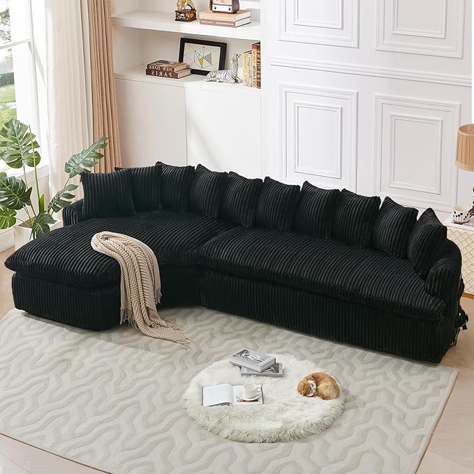 129 Oversized L-Shaped Sectional Couch Corduroy Upholstery Boneless Couch with 10 Pillows Modern Cloud Sofa Black Couches for Living Room Soft Deep Seat Sponge Sofa No Assembly