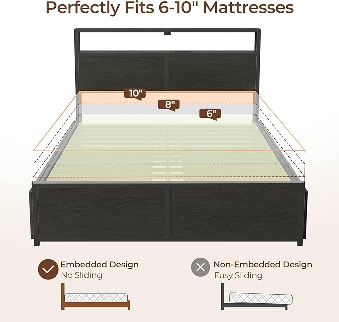 Rolanstar Queen Bed Frame with 4 Storage Drawers &amp 2-Tier Storage Headboard Metal Platform Bed Frame with Charging Station &amp LED Lights Noise-Free No Box Spring Needed Easy Assembly Black