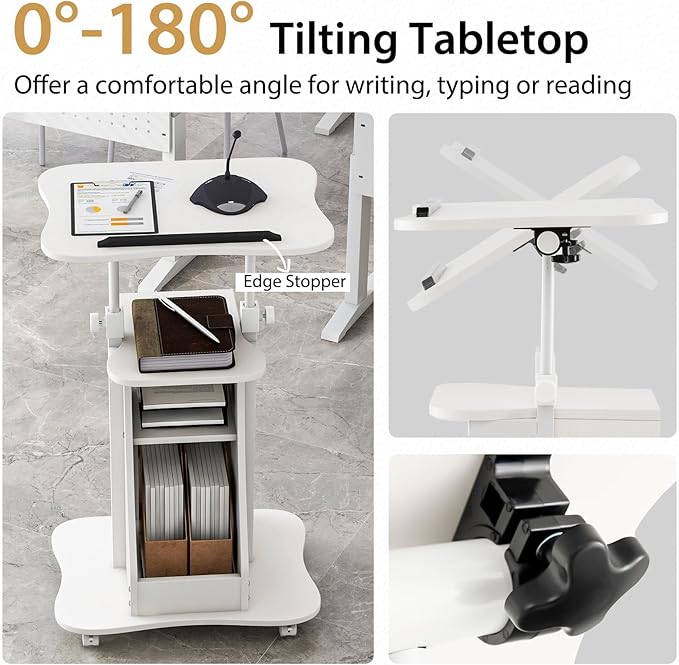 POWERSTONE 2PCS Sit to Stand Mobile Lectern Teacher Podium Portable Height Adjustable Podium Stand Rolling Laptop Desk Cart with Storage Shelf Swivel Top for Classroom Concert Church White