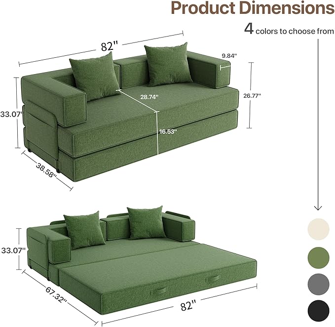 Claiks 4-in-1 Convertible Sofa Bed82 Inch Compression Sofa with Corduroy Fabric Pull Out Sleeper Sofa with 2 Pillows &amp 4 Side Pockets for Living Room Bedroom ApartmentNo Assembly RequiredGreen.