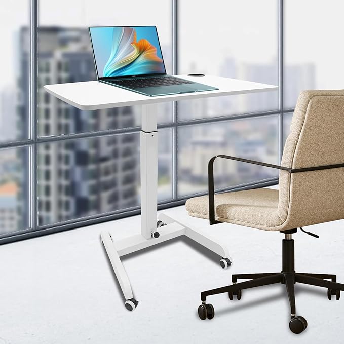 Adjustable Height Mobile Standing Desk with Wheels Pneumatic Lift Rolling Computer Table for Office Home Classroom White Iron Workstation w/Cup Holder &amp Pen Slot