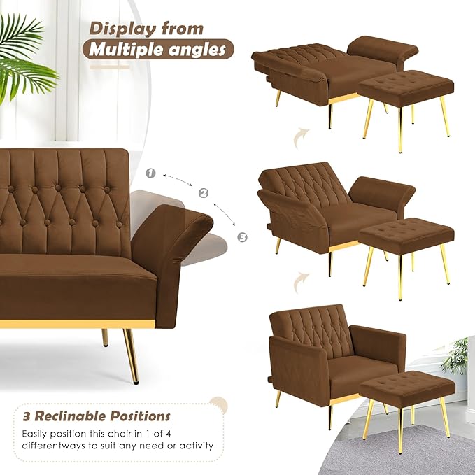 Velvet Accent Chair with Adjustable Backrest and Armrests Single Recliner Armchair with Ottoman and Golden Mental Legs for Living Room Bedroom and Waiting Room Brown