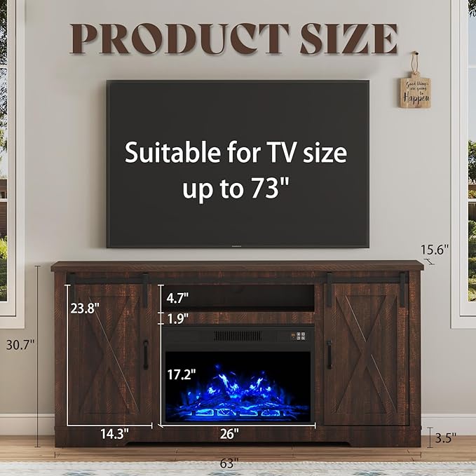 AMERLIFE Fireplace TV Stand with Sliding Barn Door for TVs up to 73 Farmhouse 63 Fireplace Entertainment Center with Storage Cabinets/Adjustable Shelves Reclaimed Barnwood