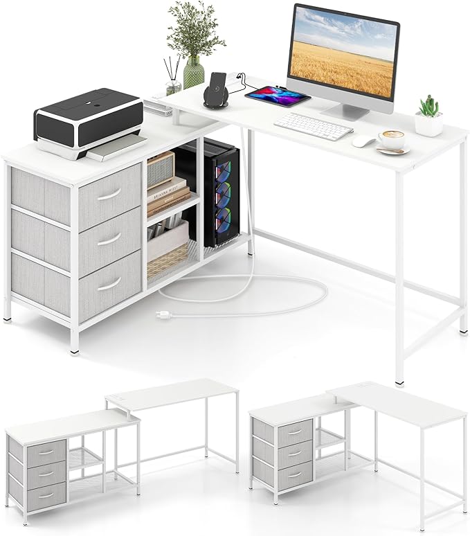 Giantex L Shaped Computer Desk with Drawers 81 Convertible Corner Desk with Charging Station and Storage Shelves Study Writing Desk Modern Long Corner Gaming Table for Home Office (White)
