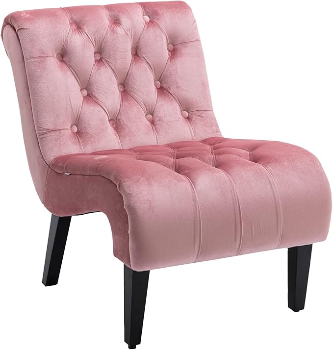Modern Velvet Armless Accent Living Room Chair Leisure ChairUpholstered Fabric Button Comfortable Chair with Wooden Legs for Bedroom Living Room Office (Pink Velvet)