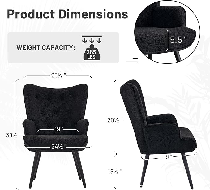 Furniliving Boucle Accent Chair for Living Room Upholstered Reading Chair with High Backrest Tufted-Button Wingback Armchair for Bedroom Dressing Room Home Office Black Set of 2