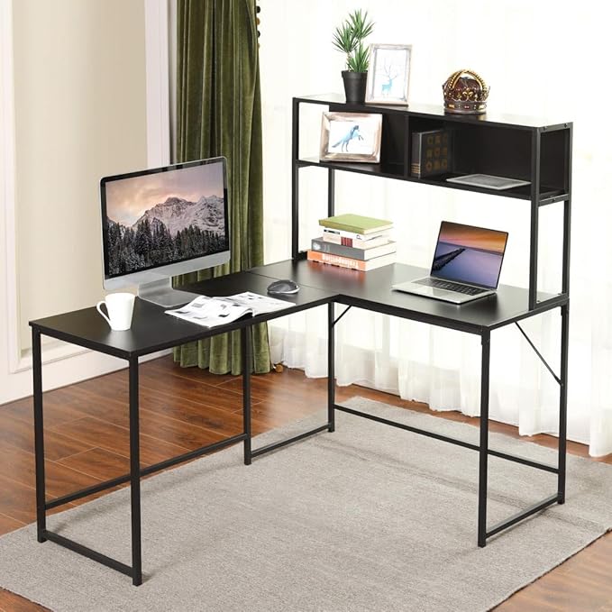 Industrial L-Shaped Desk with Hutch Reversible Corner Computer Desk with Storage Shelves Home Office Study Writing Desk Computer Workstation with Storage Bookshelf Black