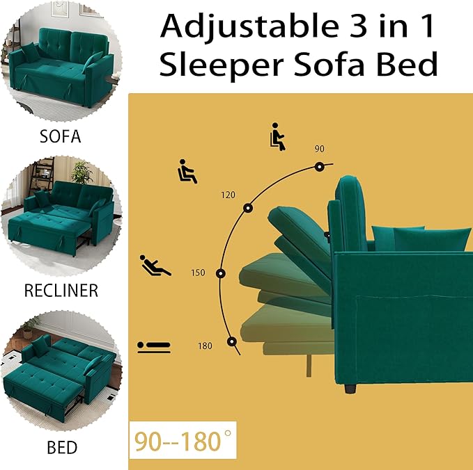 Green Convertible Sofa Bed: 3 in 1 Sleeper Sofa Couch Bed Pull Out Couch with Adjustable Backrest Velvet Convertible Loveseat Sleeper for Living Room (Green)