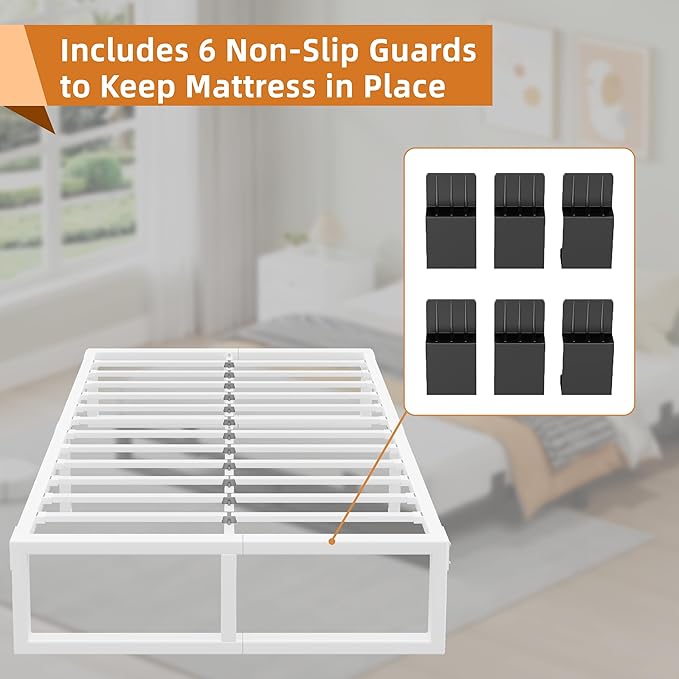 King Size Bed Frame 18 Inch Metal Platform Bed Frames with Squeak Free U-Slot Design 6 Non-Slip Guards 3500lbs Heavy Duty Steel Slat Support No Box Spring Needed Under Bed Storage White