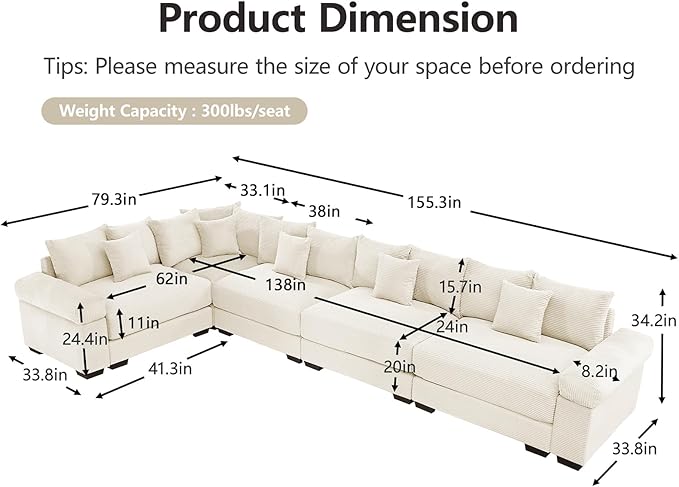 155.3 Oversized Modular Sectional Sofa Corduroy Large Sectional Couches for Living Room 4 Seater Couches Modern Deep Seat Sofa Set with Chaise White
