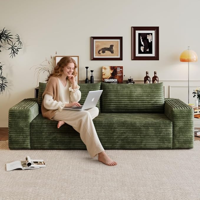 71 3Setaser SofaCorduroy FabricDeep Seat CouchesComfy Loveseat SofaNo Assembly1pcs for Living Room BedroomConference RoomApartment (Green-71)