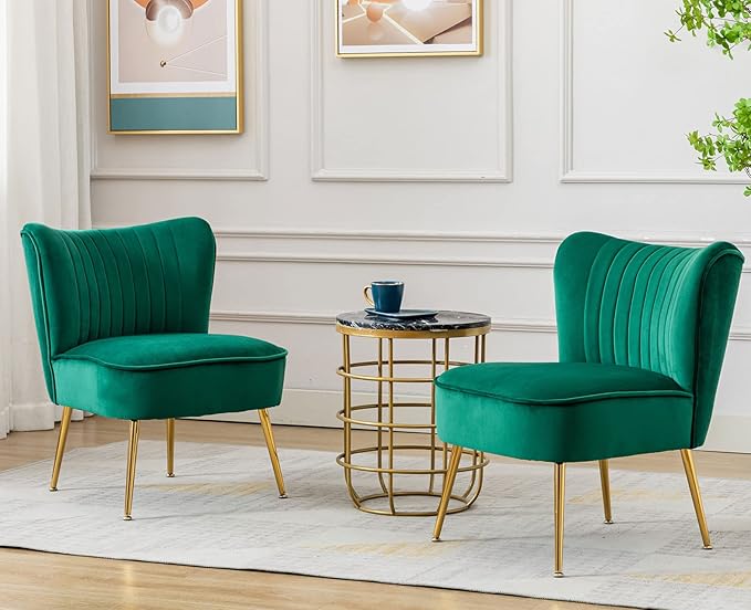 Green Velvet Accent Chairs Set of 2 with Golden Legs Upholstered Side Chairs Mid-Century Modern Slipper Chairs for Guest Room Comfy Armless Wingback Corner Single Sofa for Living Room