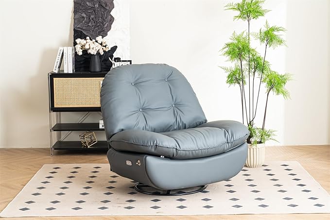 Power Recliner Sofa Chair 270 Degree Swivel Leisure Single Sofa with Button Control Wireless Speaker USB Ports Hidden Arm Storage and Phone Holder for Living Room Bedroom Grey PU (Without LED)