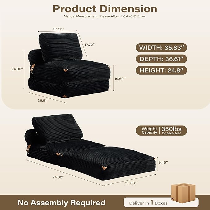 75''Foldable Sofa BedBlack Convertible Folding Sleeper Chair BedFoldable Single Sofa Foam Filling Couch with Pillow Comfy Corduroy Lazy Floor Sofa for Small Room Living Room Bedroom Apartment